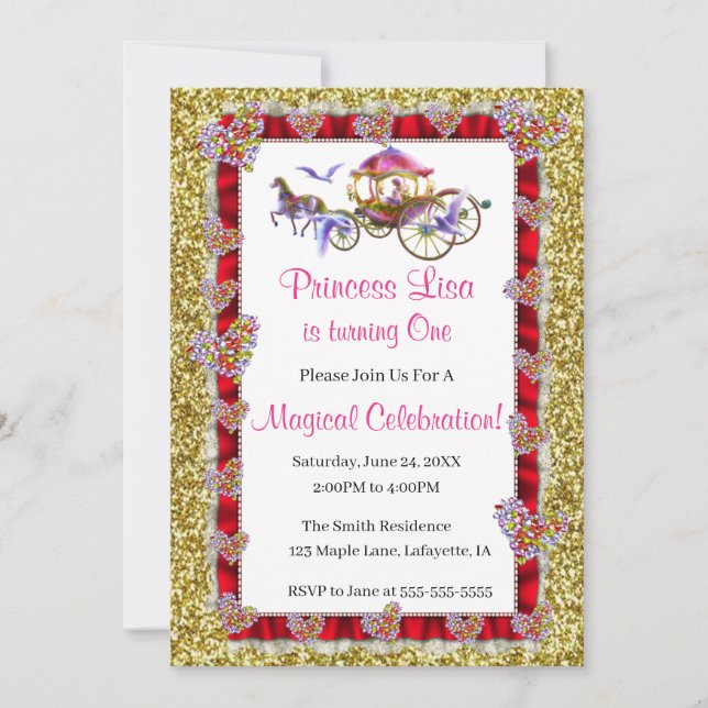 Invitation Red Ribbon Gold Parties scintillant Royal Princess (Devant)