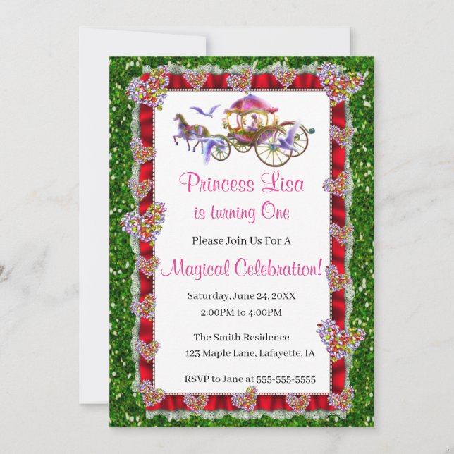 Invitation Red Ribbon Green Parties scintillant Royal Princes (Devant)