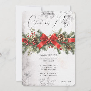 Invitation Red Ribbon Pinecone PIne Tree Holly Berry Party