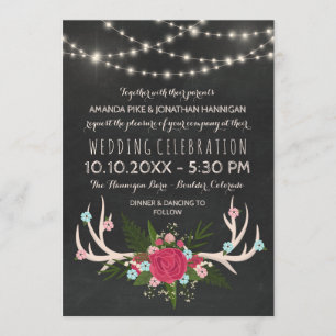 Invitation Red Rose Antlers - Mariage Rustic Chalkboard