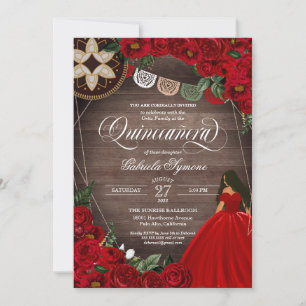 Invitation Red Rose Ball Gown Western Charro Quinceañera