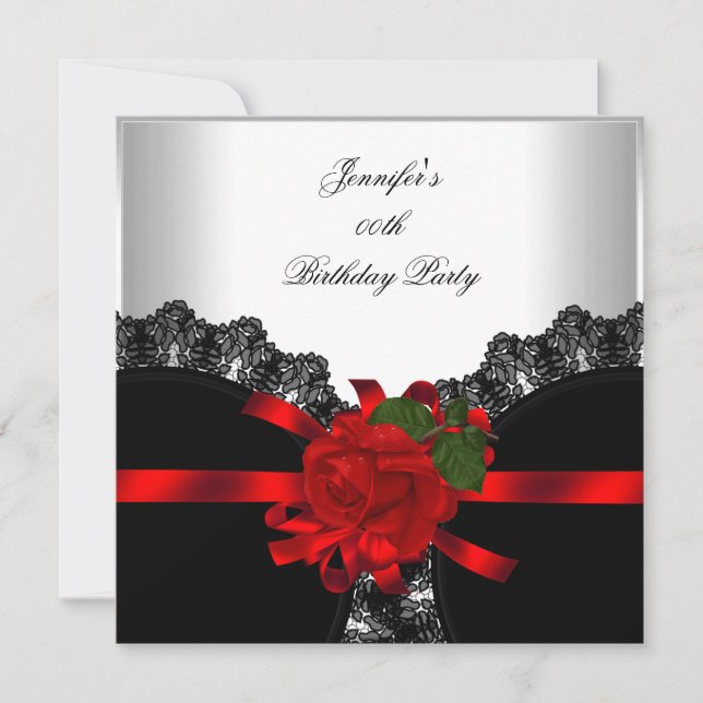 Invitation Red Rose Black Lace White Silver Party (Devant)