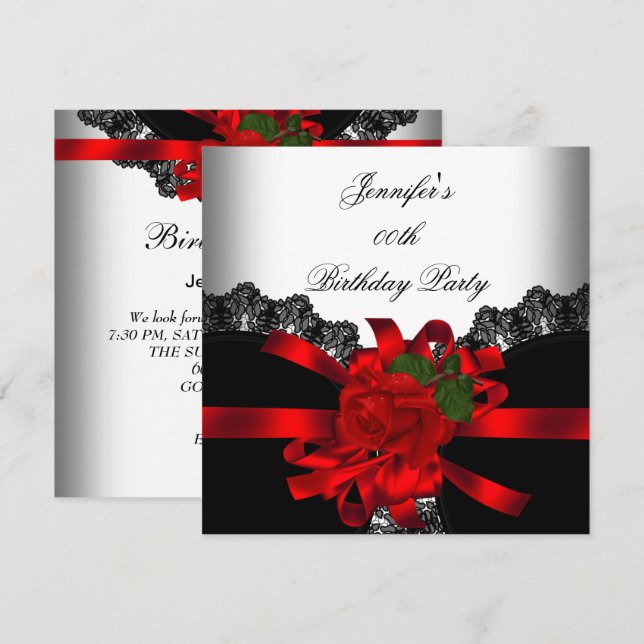 Invitation Red Rose Black Lace White Silver Party (Devant / Derrière)