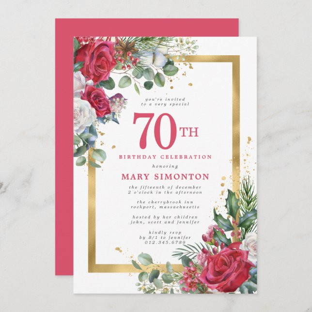 Invitation Red Rose Gold Holly 70e anniversaire (Devant / Derrière)