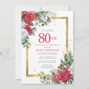Invitation Red Rose Gold Holly 80e anniversaire