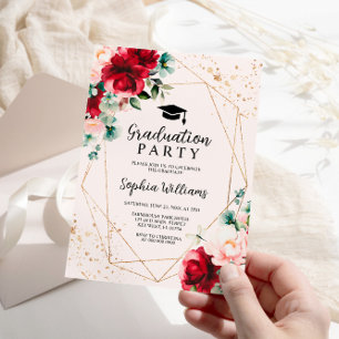 Invitation Red Rose & Gold Watercolor Graduation