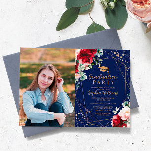 Invitation Red Rose & Gold Watercolor Photo Graduation Party