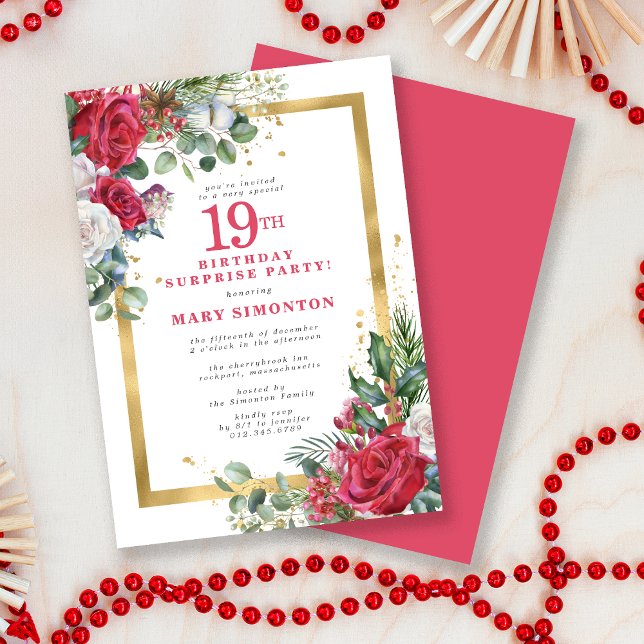 Invitation Red Rose Holly 19e anniversaire Surprise Party (Créateur téléchargé)