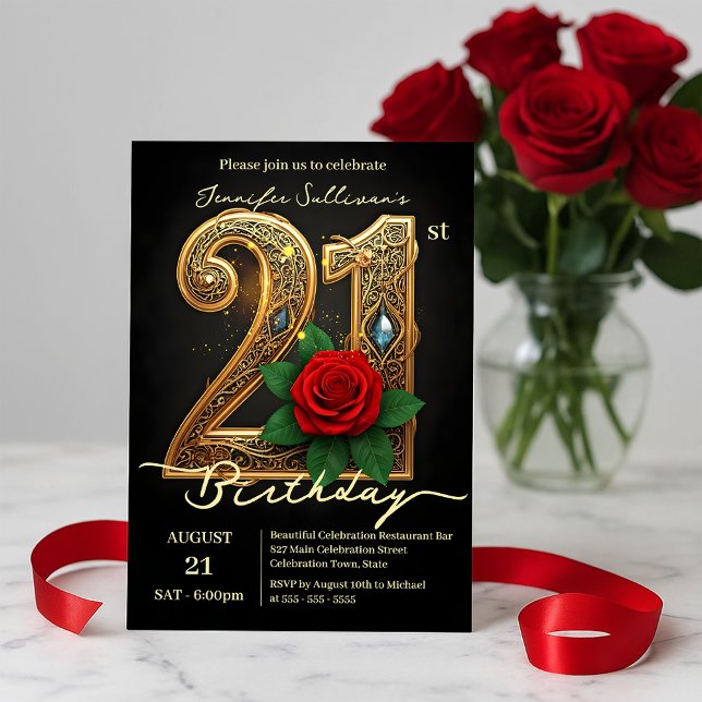 Invitation Red Rose Jewel Accents Filigree Gold 21e anniversa (Créateur téléchargé)