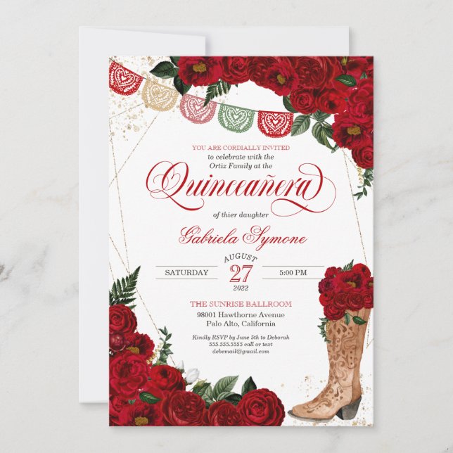Invitation Red Rose Papado Picado Western Charra Quinceañera (Devant)