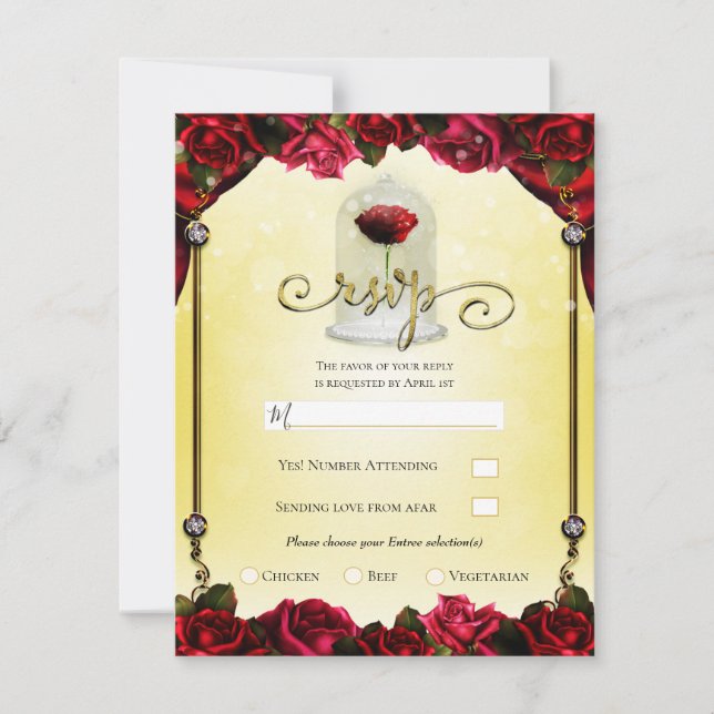 Invitation Red Rose Yellow Gold Princesse Sparkle Party RSVP (Devant)