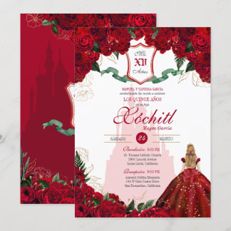 Invitation Red Roses Élégant Château Princesse Quinceanera