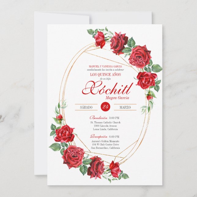 Invitation Red Roses Elégant Quinceanera de luxe (Devant)