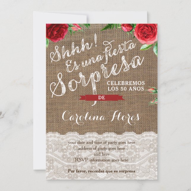Invitation Red Roses Espagne Surprise fête d'anniversaire (Devant)