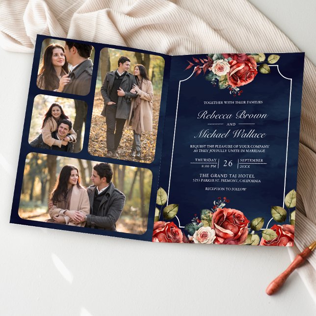 Invitation Red Roses Floral Frame Navy Blue QR Code Wedding (Créateur téléchargé)