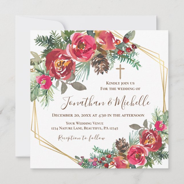Invitation Red Roses Floral Gold Cross Mariage chrétien (Devant)