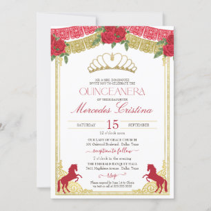 Invitation Red Roses & Gold Hors Western Charro Quince