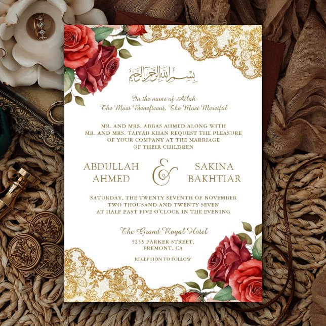 Invitation Red Roses Gold Lace QR Code Mariage musulman (Créateur téléchargé)
