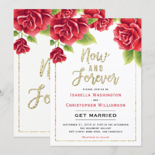 Invitation Red Roses & Gold Parties scintillant Now and Forev