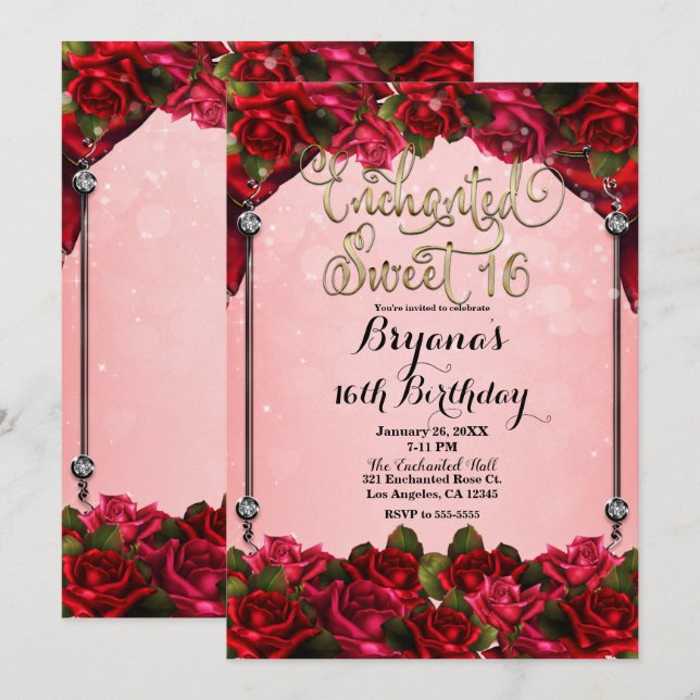 Invitation Red Roses Gold & Pink Sweet 16 16ème Parti (Devant / Derrière)