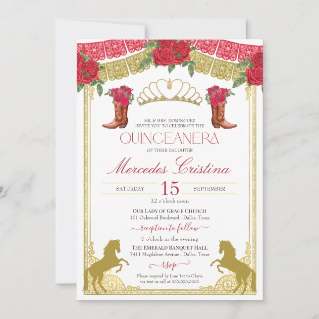 Invitation Red Roses Gold Western Charro Quinceañera (Devant)