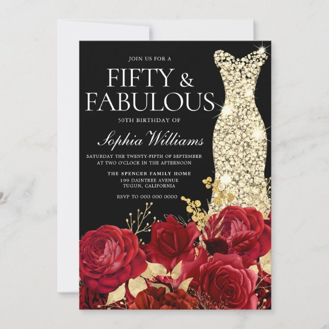 Invitation Red Roses Golden Gown Noir 50e fête d'anniversaire (Devant)