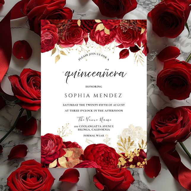 Invitation Red Roses Golden leaf Quinceanera Party (Créateur téléchargé)