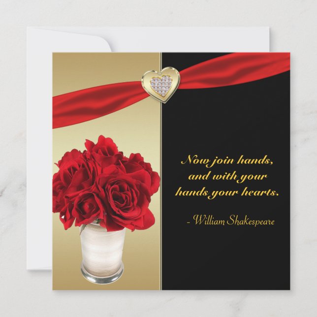 Invitation Red Roses & Hearts, Gold & Black Mariage (Devant)
