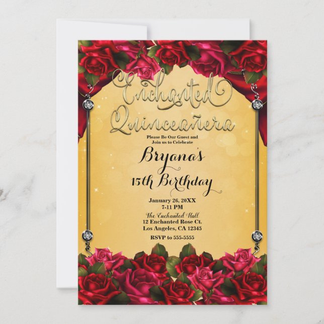 Invitation Red Roses Jaune & Or Quinceañera 15ème Parti (Devant)
