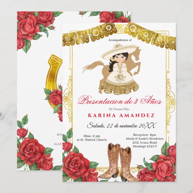 Invitation Red Roses Latino 3 ans Vieux présentation fille (Devant / Derrière)