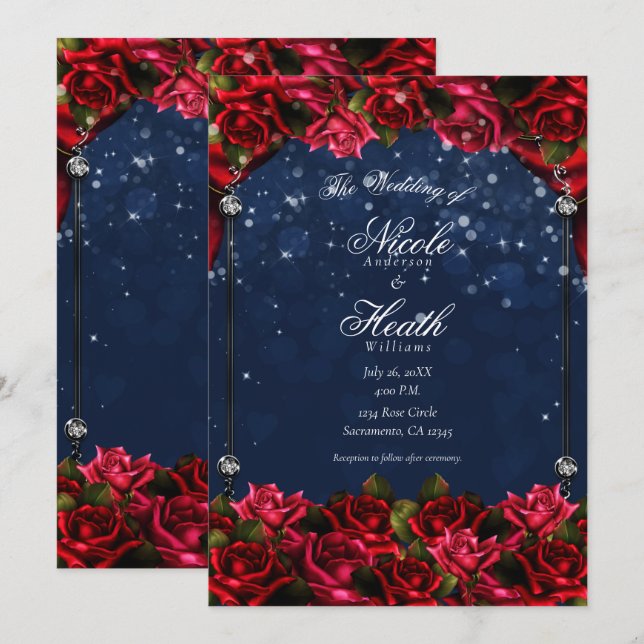 Invitation Red Roses Marine Blue Gold Enchanted Floral Mariag (Devant / Derrière)