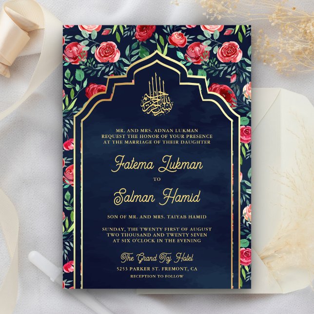 Invitation Red Roses Marine Blue Gold Floral Mariage musulman (Créateur téléchargé)