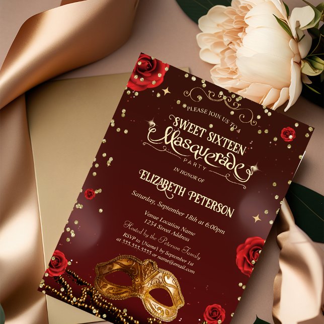 Invitation Red Roses Masque Perles Sweet 16 (Créateur téléchargé)