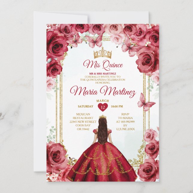 Invitation Red Roses Mexicaine Princesse Quiñceanera Floral (Devant)