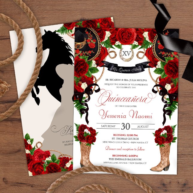 Invitation Red Roses Peonies Rustique Ouest Charra QuinceAnos (Créateur téléchargé)