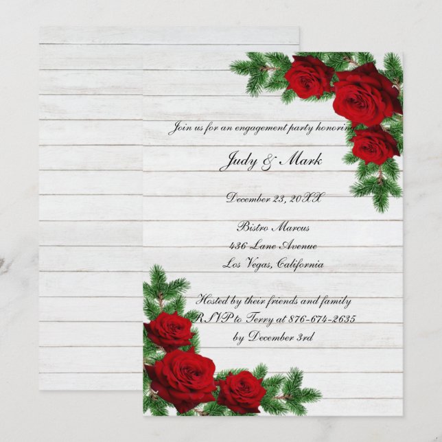 Invitation Red Roses & Pine Branch Christmas Engagement Party (Devant / Derrière)