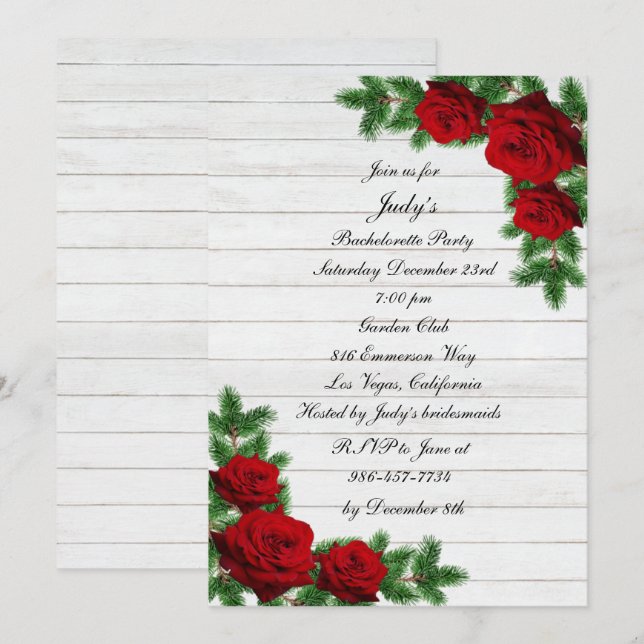 Invitation Red Roses Pine Branche de Noël Bachelorte de Noël (Devant / Derrière)