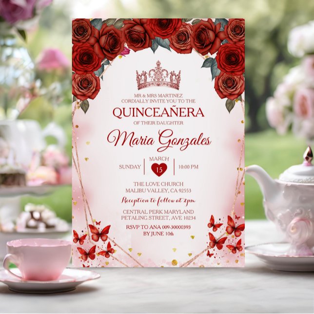 Invitation Red Roses Quinceañera Rose Gold Couronne Mexicaine (Créateur téléchargé)