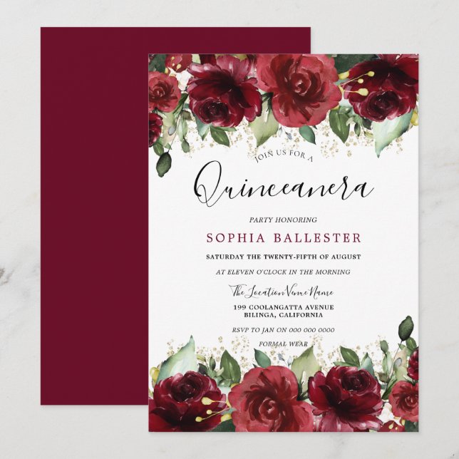 Invitation Red Roses Romantique Floral Quinceanera Party (Devant / Derrière)