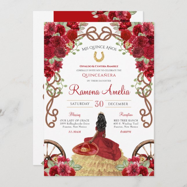 Invitation Red Roses Rustique Charro Western Quinceañera (Devant / Derrière)