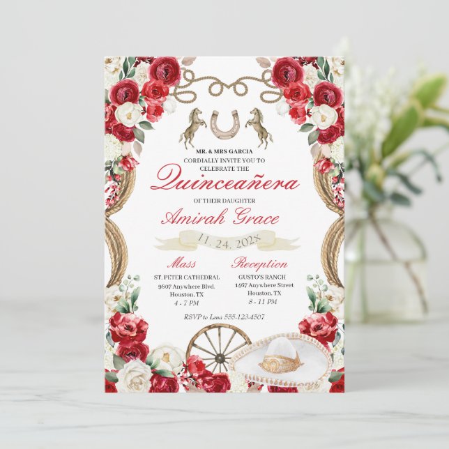 Invitation Red Roses Western Charro Cowgirl Quinceañera (Debout devant)