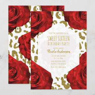 Invitation Red Roses White Gold Cheetah Leopard Sweet 16 Invi
