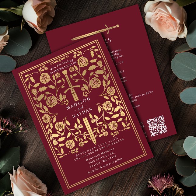 Invitation Red Royal Medieval Gold Sword Wedding QR Code (Créateur téléchargé)