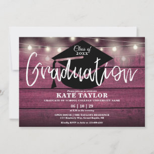 Invitation Red Rustic Bois Chaîne Lights Graduation Party