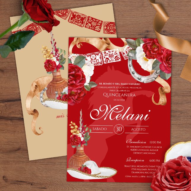 Invitation Red Rustic Floral Charro Quinceanera Anniversaire (Créateur téléchargé)