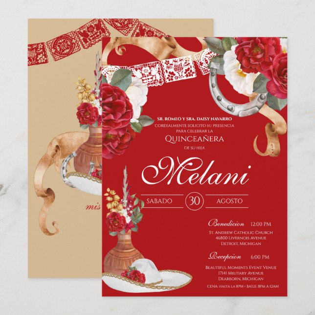 Invitation Red Rustic Floral Charro Quinceanera Anniversaire (Devant / Derrière)