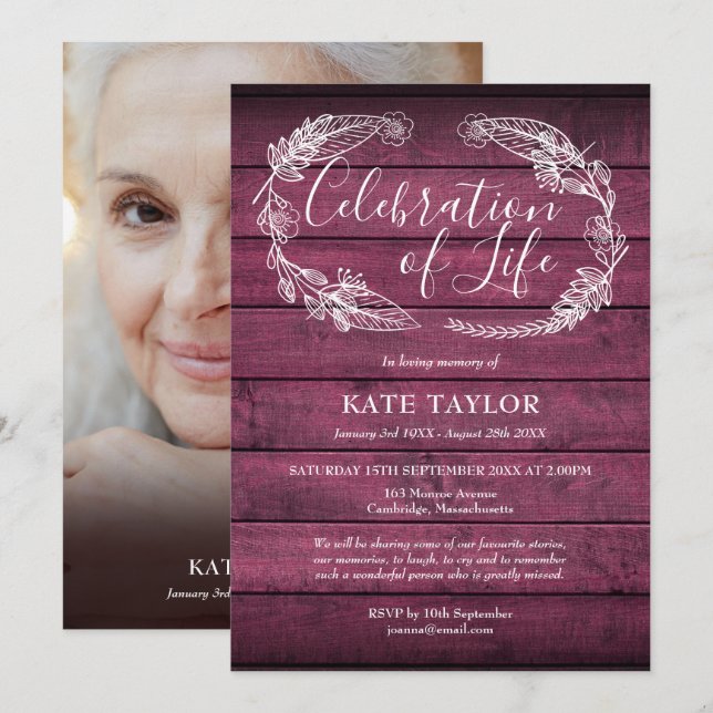 Invitation Red Rustic Wood Funeral Celebration of Life Photo (Devant / Derrière)