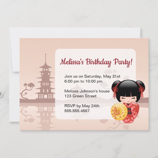 Invitation Red Sakura Kokeshi Doll Cute Geisha fête d'anniver (Devant)
