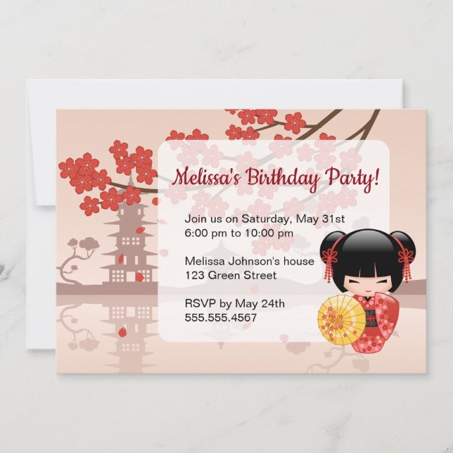 Invitation Red Sakura Kokeshi Doll Cute Geisha fête d'anniver (Devant)