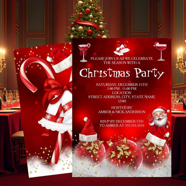 Invitation Red Santa Gold Baubles Christmas Holiday Party (Créateur téléchargé)